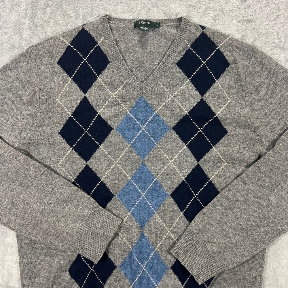 J.CREW Argyle V-Neck Sweater Mens Large Gray Lambswool 72631 HO 06 Cozy